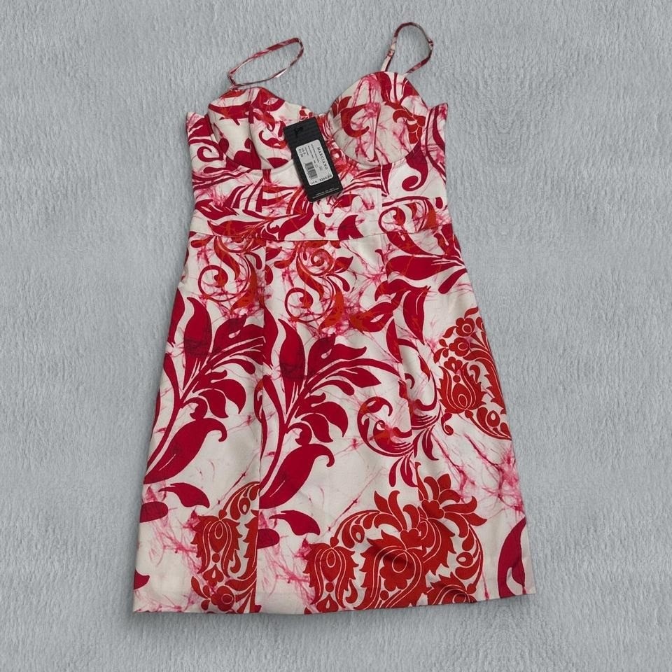 Nwt Marciano Batik Scroll Pencil Dress 0 Womens Red White Floral Design Back Zip